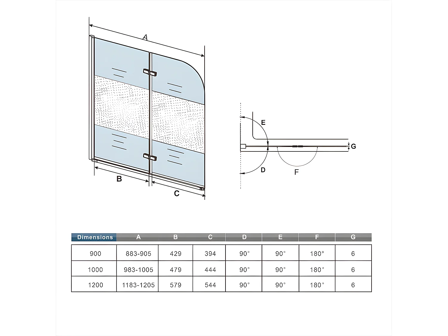 Pare-baignoire 120x140cm pivotant et pliant, paroi de baignoire installé à gauche en verre anticalcaire et sablé au centre