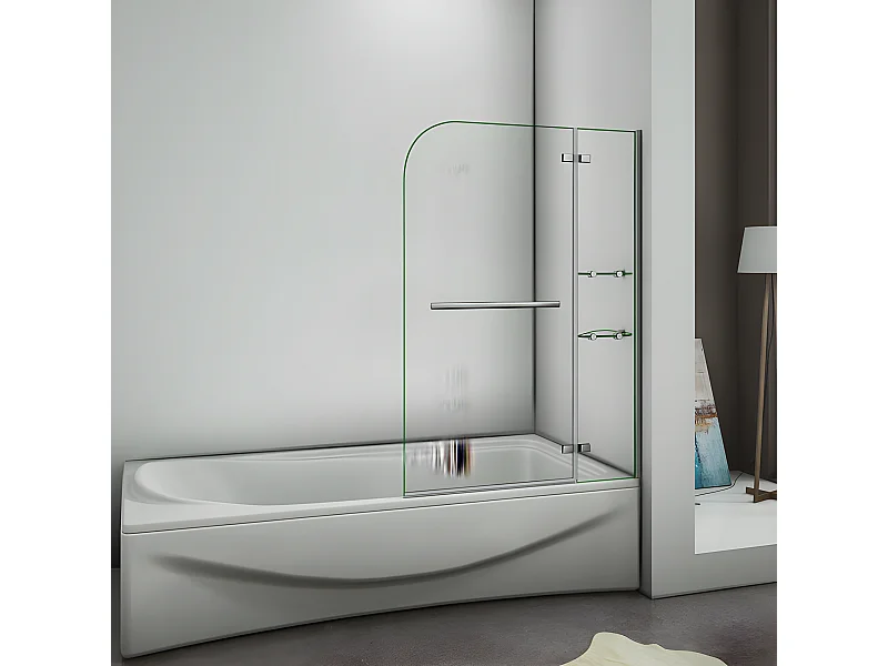 Pare-baignoire 120x140cm pivotant 90° en verre trempé, paroi de baignoire avec porte-serviette et 2 étagères