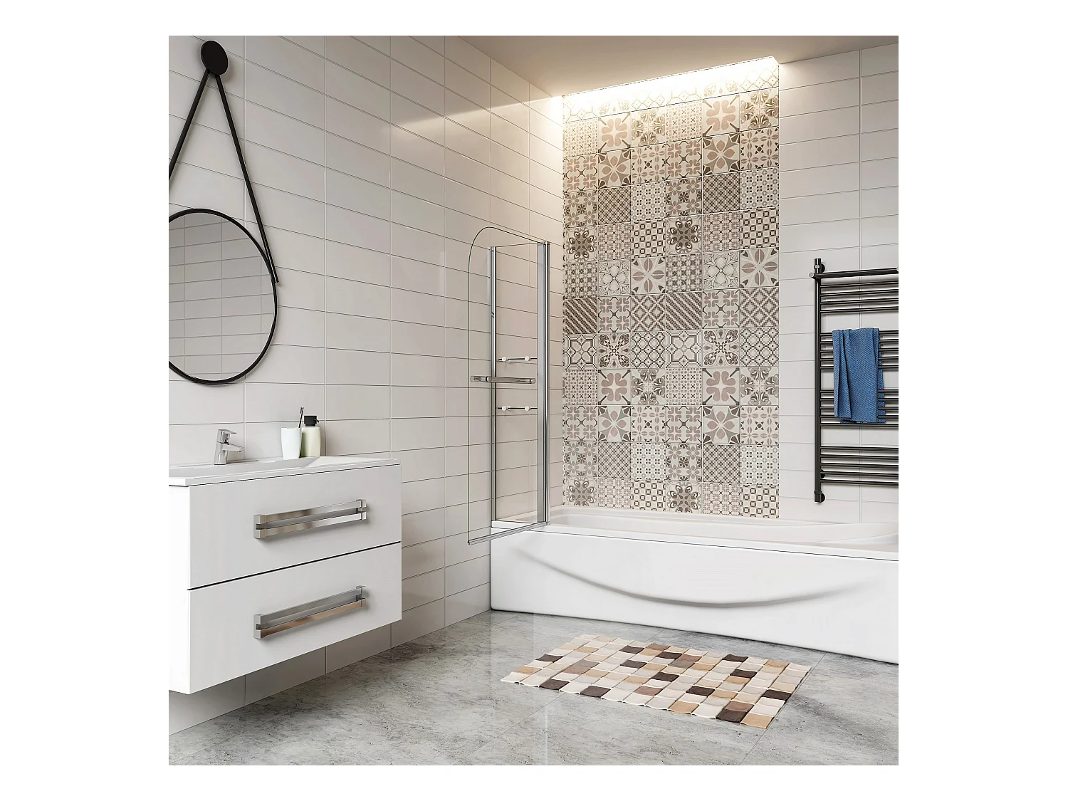 Pare-baignoire 100x140cm pivotant 180° , paroi de baignoire en verre trempé transparent, avec porte-serviette et étagères