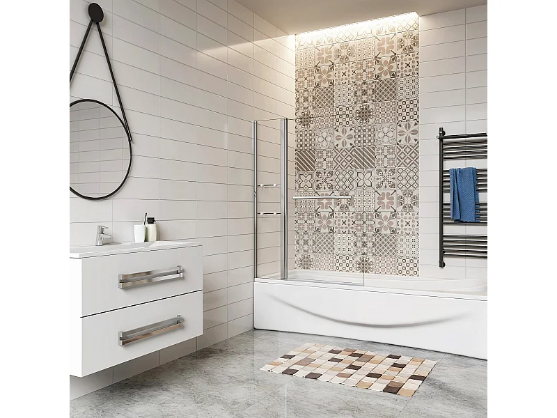 Pare-baignoire 100x140cm pivotant 180° , paroi de baignoire en verre trempé transparent, avec porte-serviette et étagères