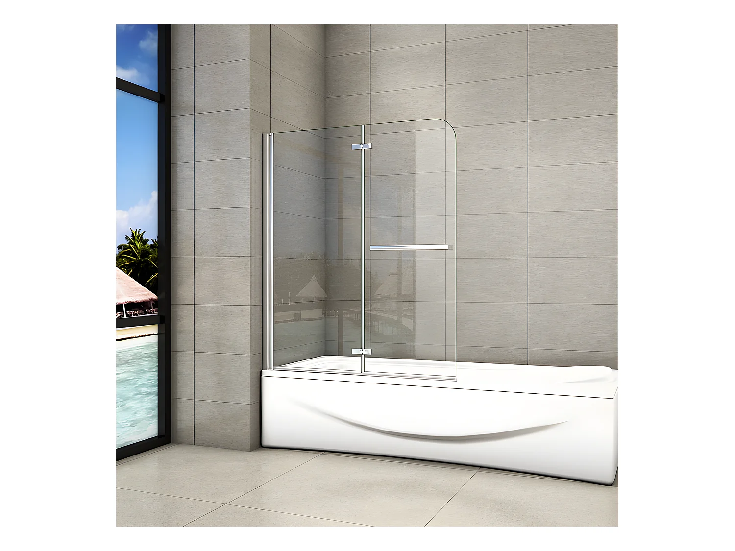 Pare-baignoire 100x140cm pivotant 180° , paroi de baignoire en 6mm verre anticalcaire, avec une poignée en Inox