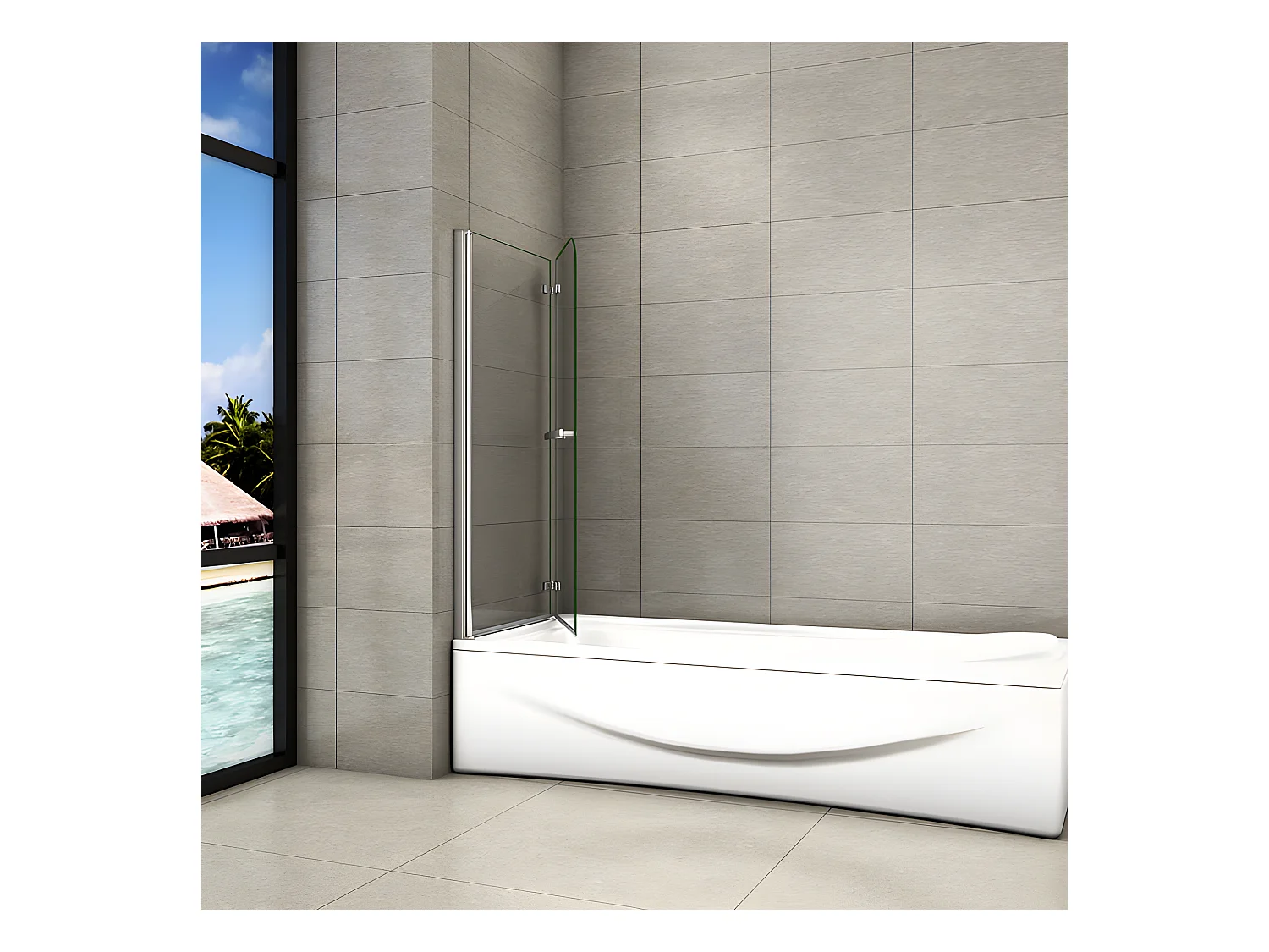 Pare-baignoire 100x140cm pivotant 180° , paroi de baignoire en 6mm verre anticalcaire, avec une poignée en Inox