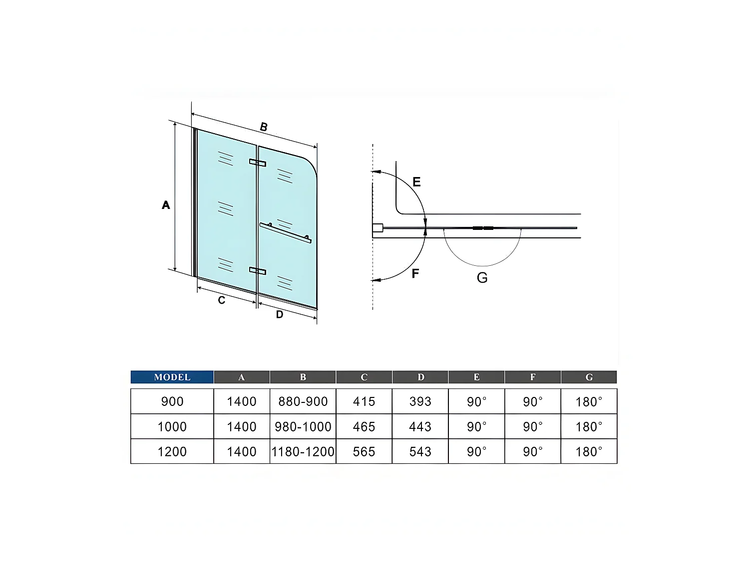 Pare-baignoire 100x140cm pivotant 180° , paroi de baignoire en 6mm verre anticalcaire, avec une poignée en Inox