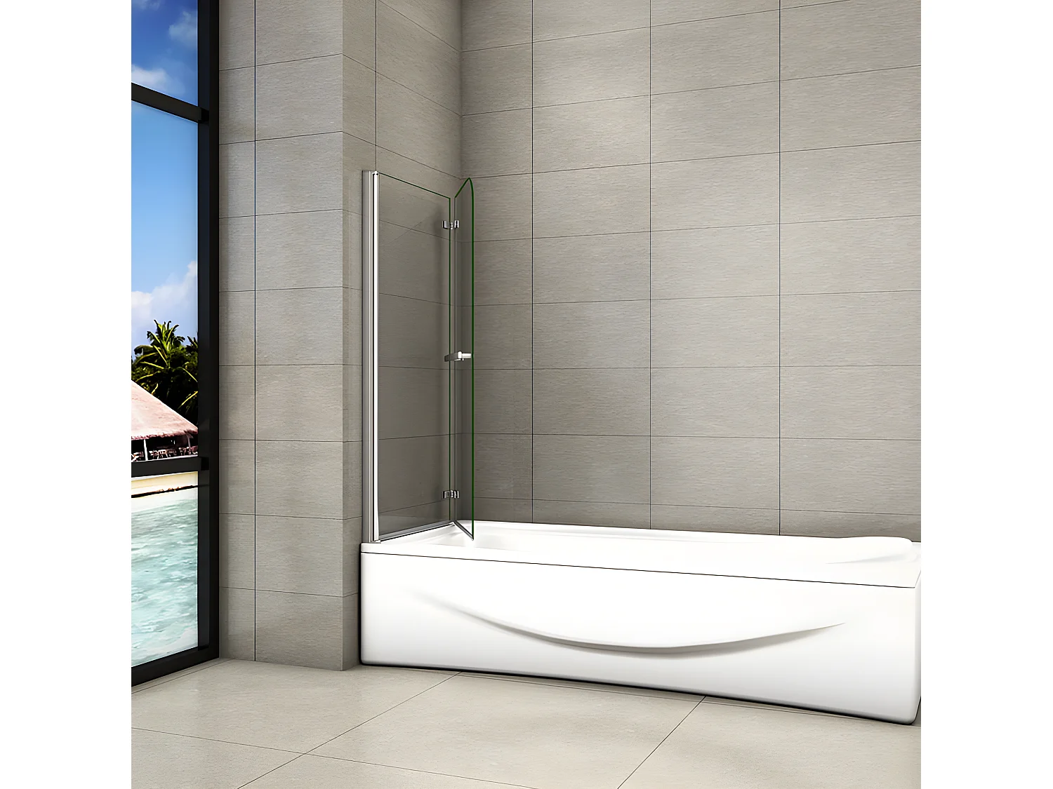 Pare-baignoire 100x140cm pivotant 180° , paroi de baignoire en 6mm verre anticalcaire, avec une poignée en Inox