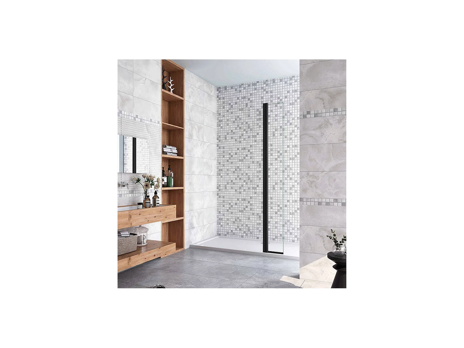 Volet pivotant seul 40x200cm pour paroi de douche à l'italienne noire en verre 8mm, retour pivotant à 180°, verre anticalcaire
