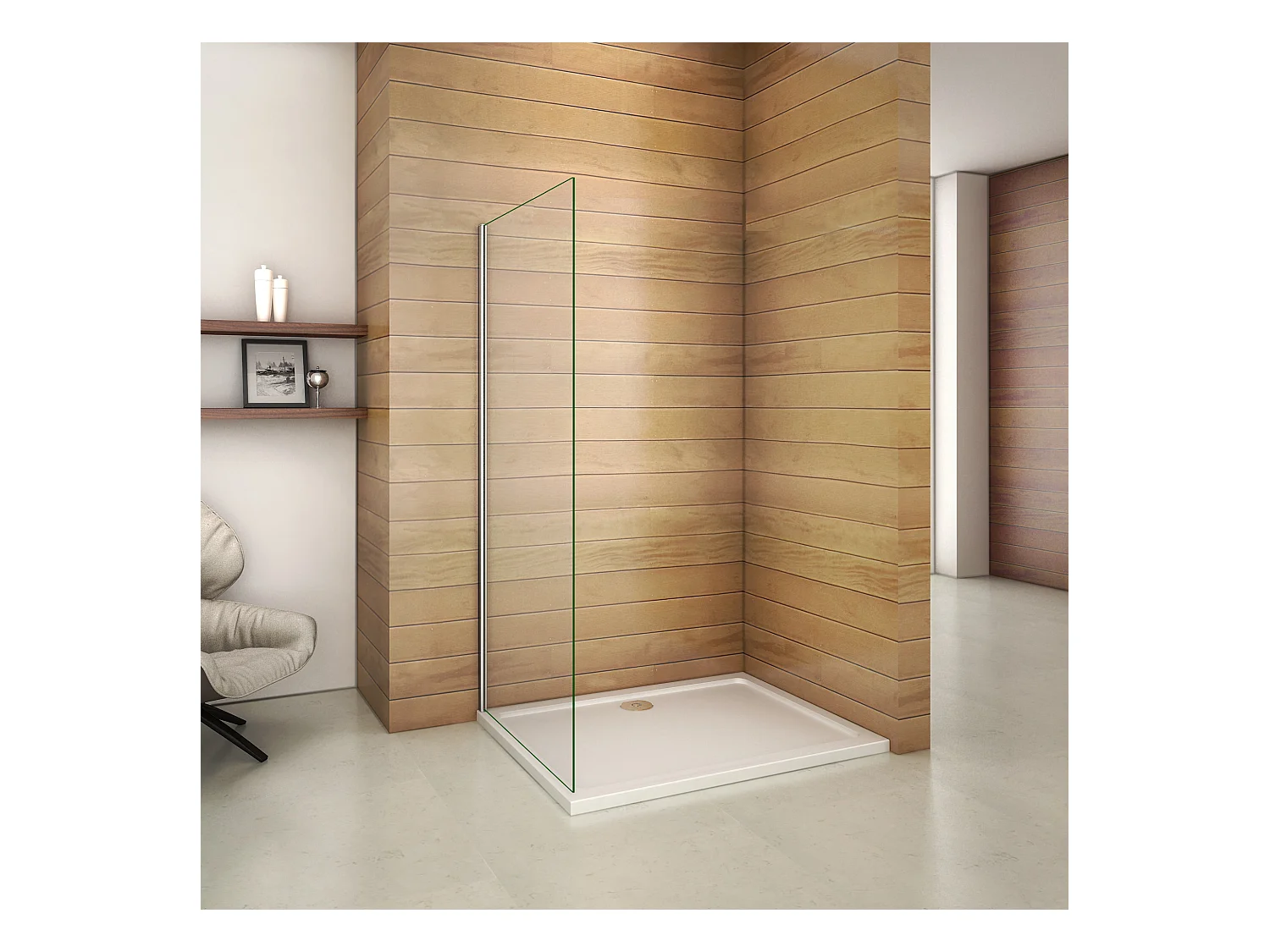 Inloopdouchewand 50x200cm in 8mm antikalk gehard glas, zonder bevestigingsstang
