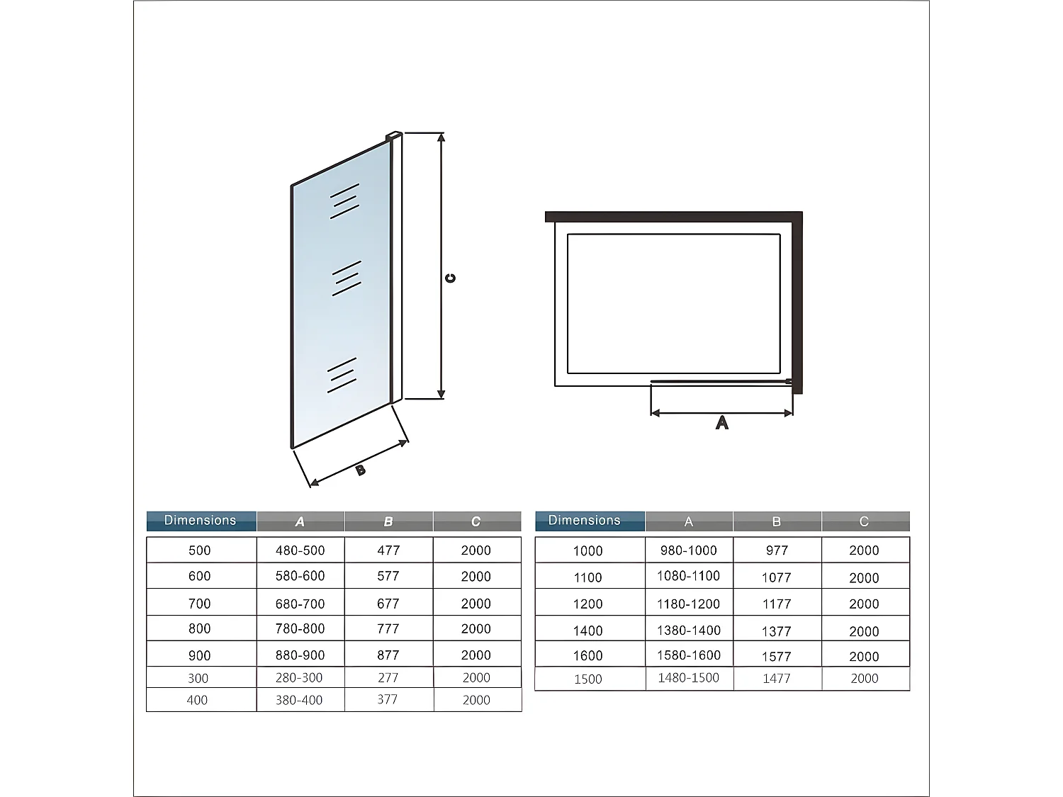 Paroi de douche à l'italienne 100x200cm en 8mm verre trempé anticalcaire, sans barre de fixation