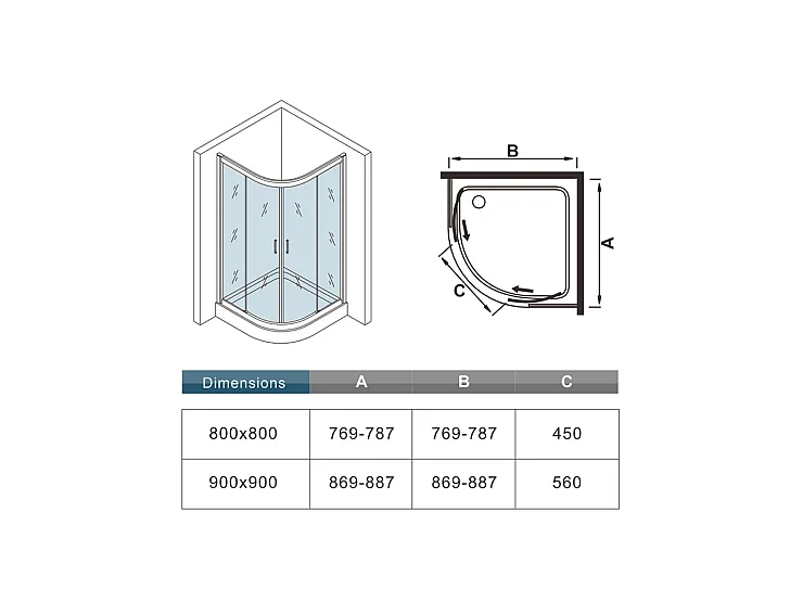 Cabine de douche 1/4 de cercle 80x80x185cm avec receveur de douche blanc 80x80x3cm, cabine de douche coulissante en verre transparent