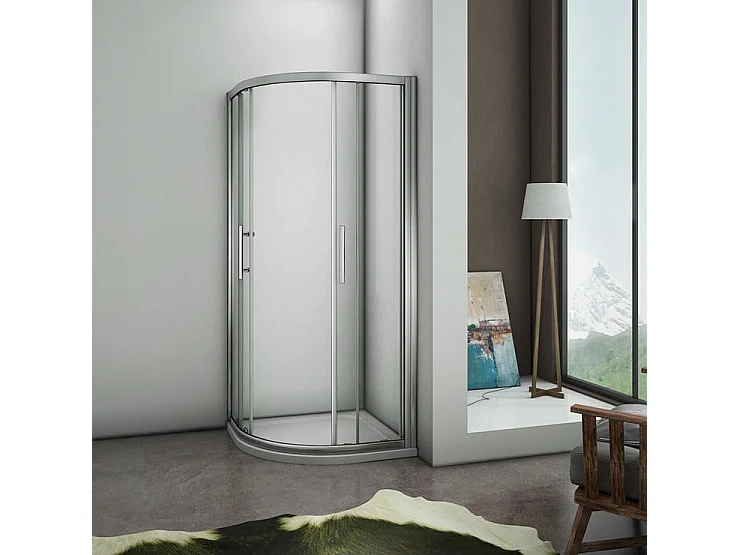 Cabine de douche 1/4 de cercle 90x90x185cm avec receveur de douche blanc 90x90x3cm, cabine de douche coulissante en verre transparent