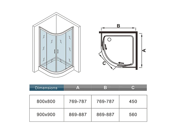 Cabine de douche 1/4 de cercle 90x90x185cm avec receveur de douche blanc 90x90x3cm, cabine de douche coulissante en verre transparent