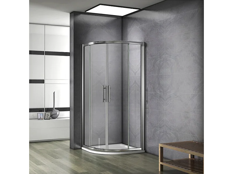 Cabine de douche 1/4 de cercle 90x90x195cm avec receveur de douche blanc 90x90x3cm, cabine de douche coulissante en verre transparent