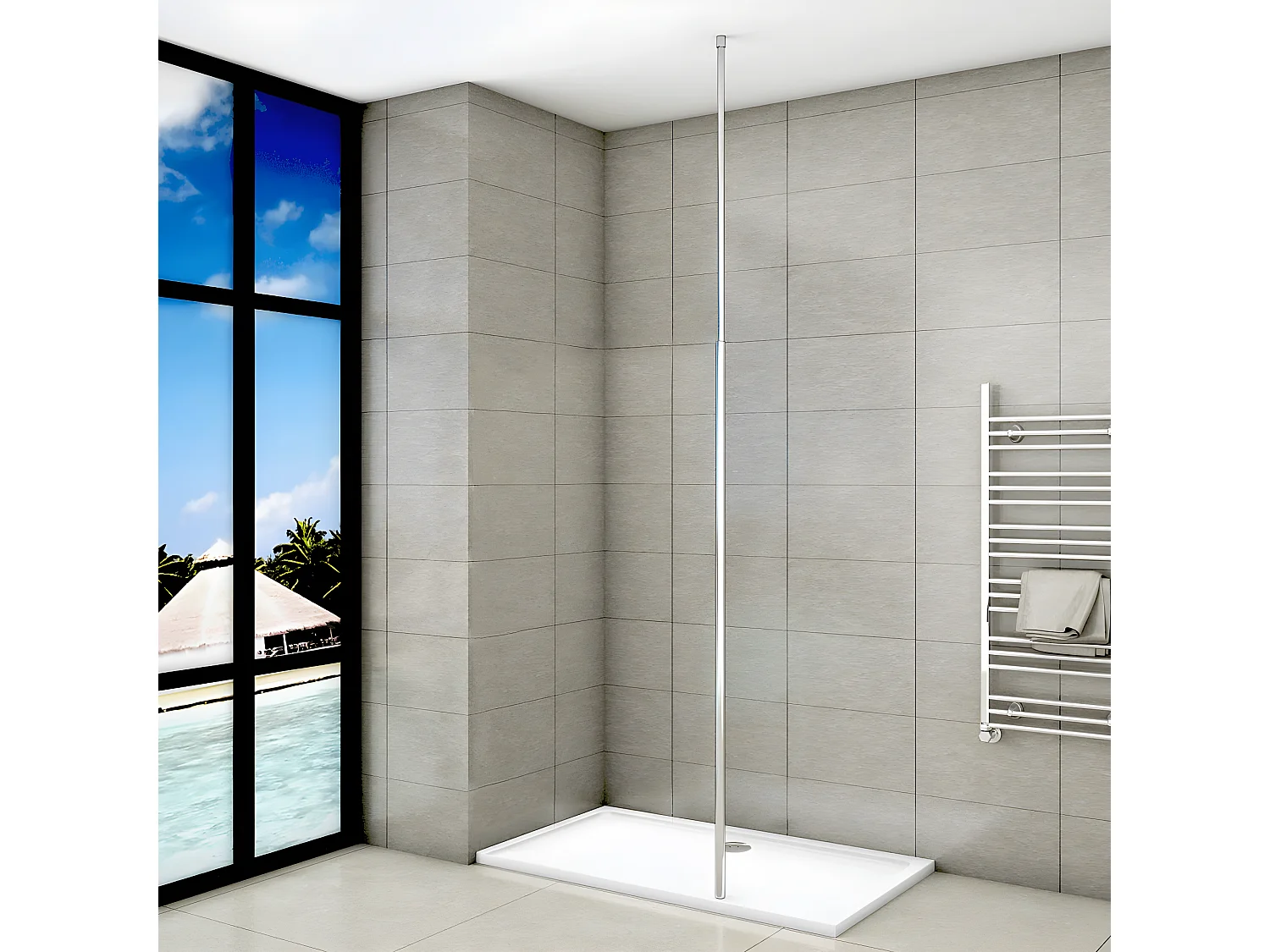 Barre de stabilisation au plafond extensible 203-320cm, barre de fixation cylindrique avec la finition chromée pour douche à l'italienne