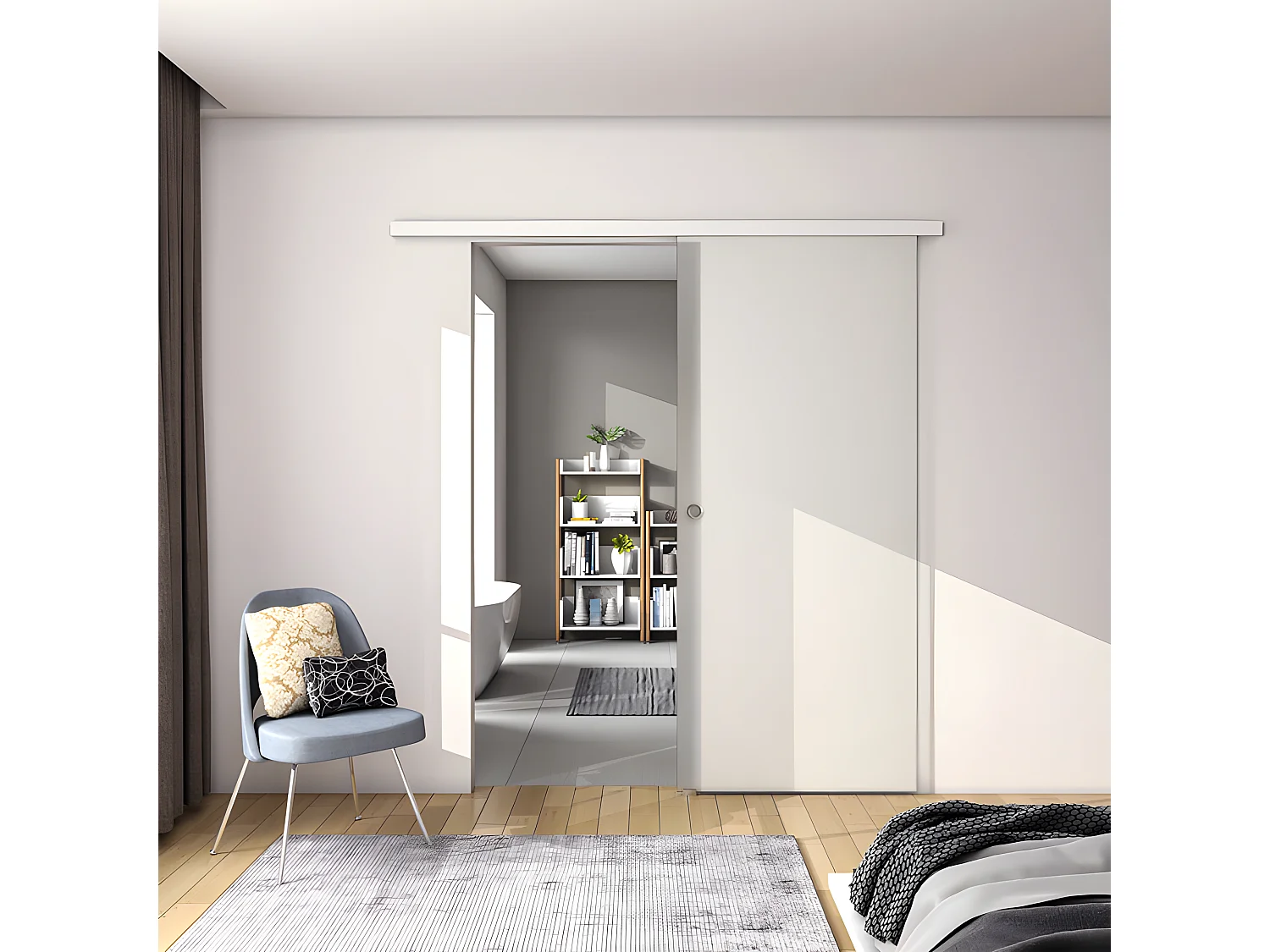 Porte coulissante 100x225cm porte intérieure coulissante en verre sablé, porte intérieure avec un rail blanc