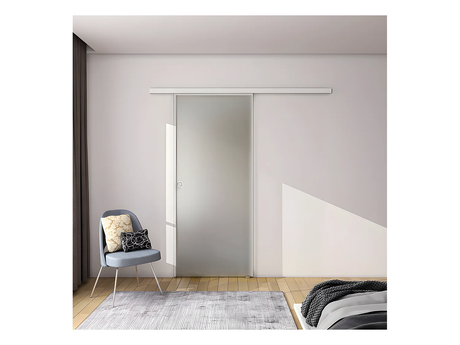 Porte coulissante 90x225cm porte intérieure coulissante en verre sablé, porte intérieure avec un rail blanc