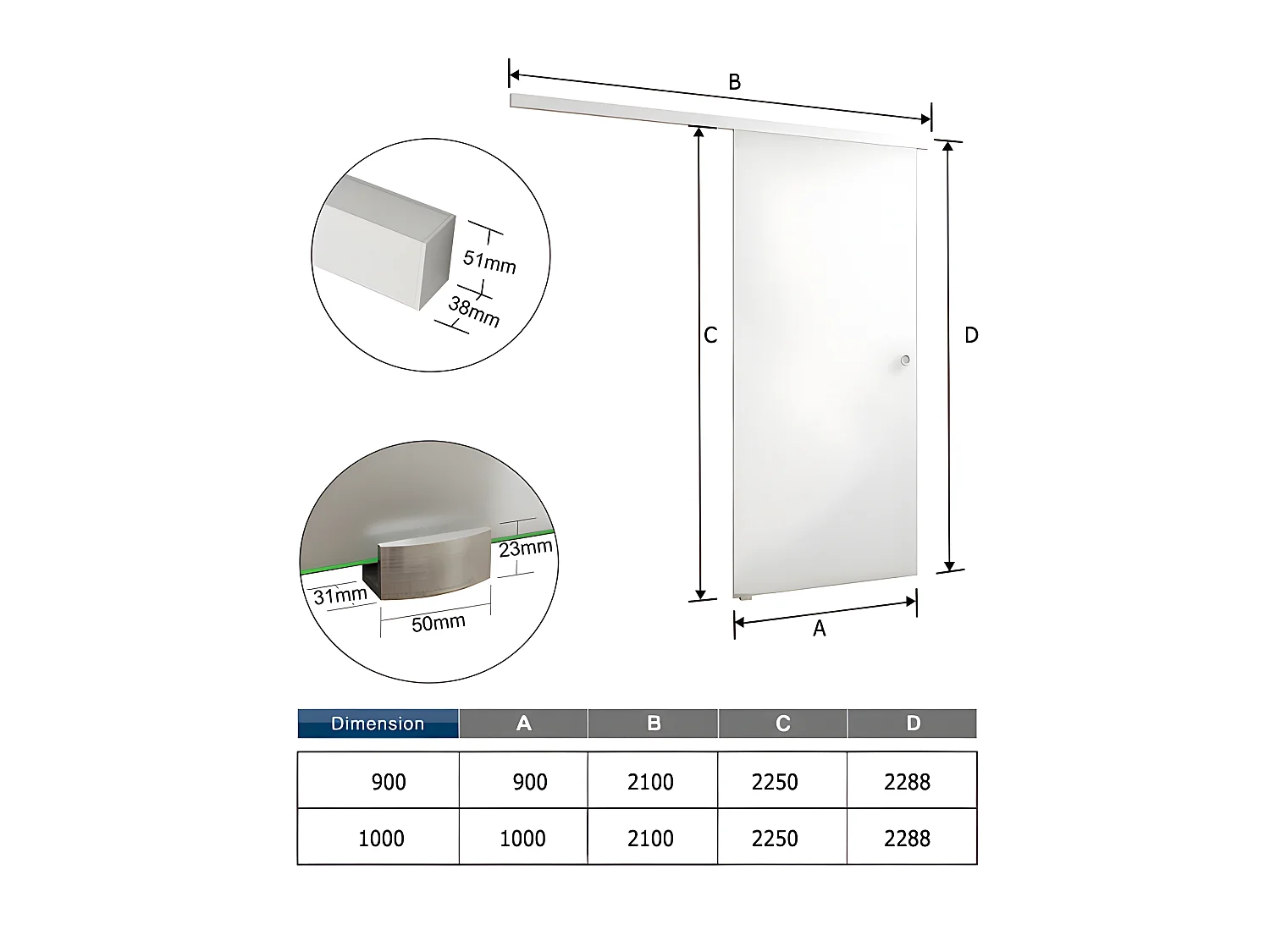 Porte coulissante 90x225cm porte intérieure coulissante en verre sablé, porte intérieure avec un rail blanc