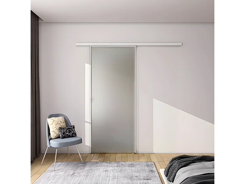 Porte coulissante 90x225cm porte intérieure coulissante en verre sablé, porte intérieure avec un rail blanc