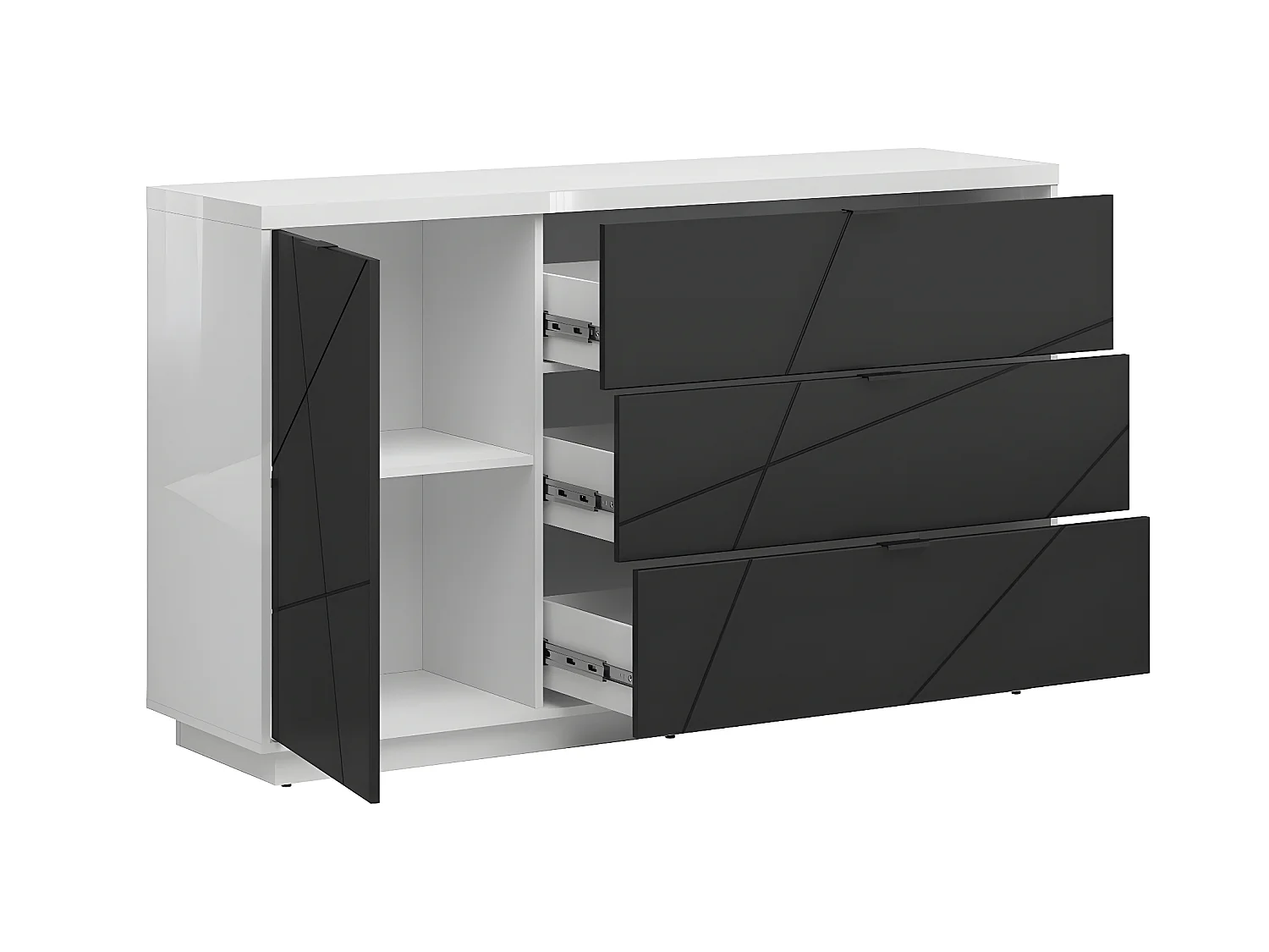 Buffet 3 tiroirs 1 porte Sven Noir et Blanc