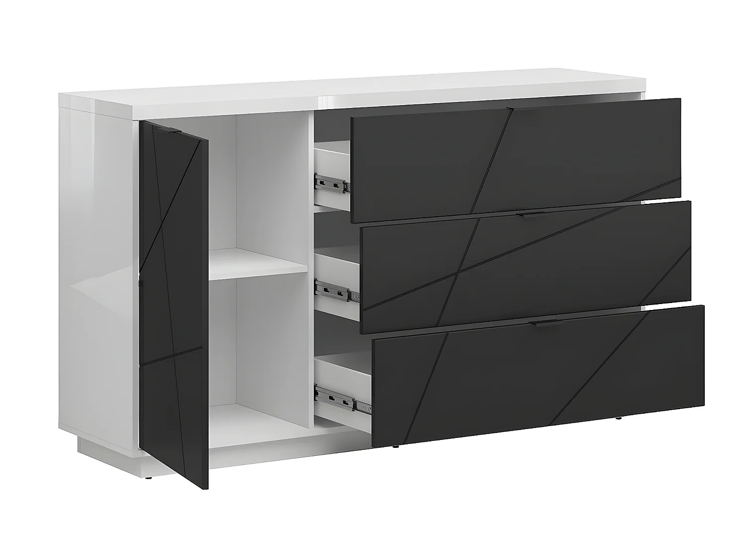 Buffet 3 tiroirs 1 porte Sven Noir et Blanc