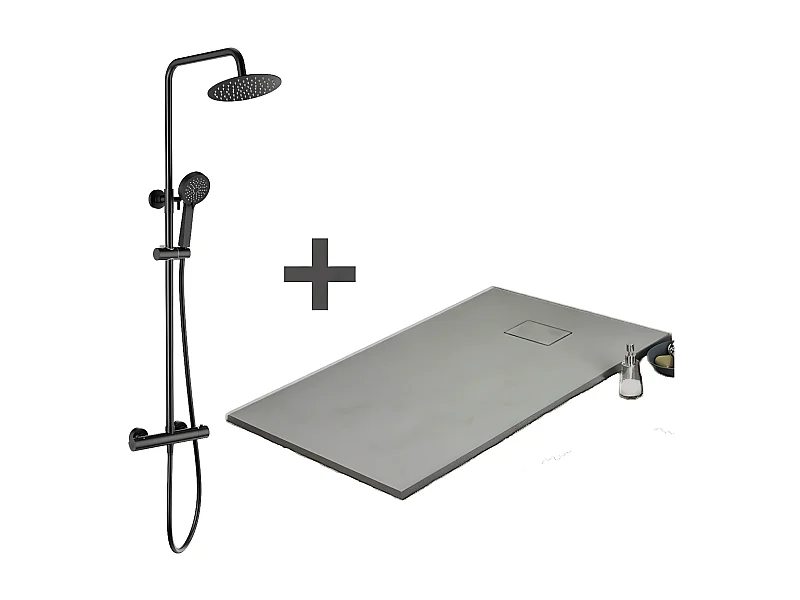 Kit Piatto doccia ultrasottile 90 x 150 cm PIATTO Grigio + Colonna doccia termostatica Finitura nera opaca