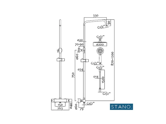 Kit Piatto doccia ultrasottile 90 x 150 cm PIATTO Grigio + Colonna doccia termostatica Finitura cromata