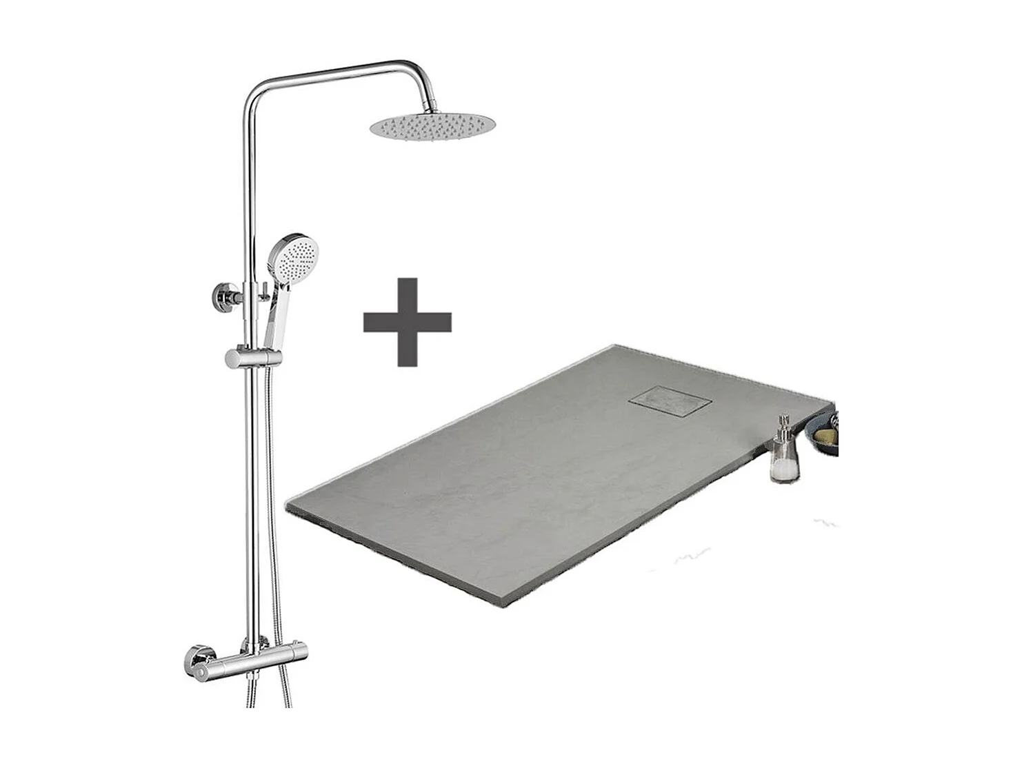Pack Receveur de douche 80 x 120 cm extra plat gris + Colonne de douche thermostatique