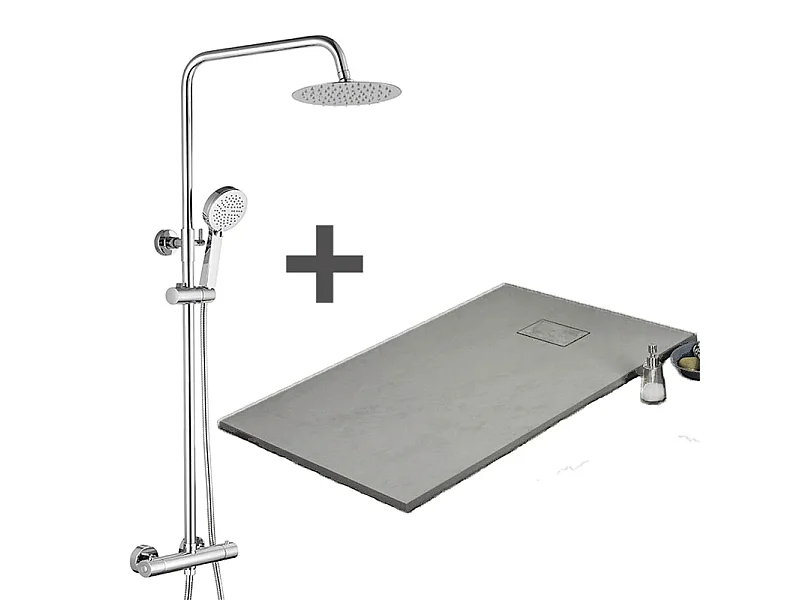 Kit Piatto doccia ultrasottile 90 x 130 cm PIATTO Grigio + Colonna doccia termostatica Finitura cromata