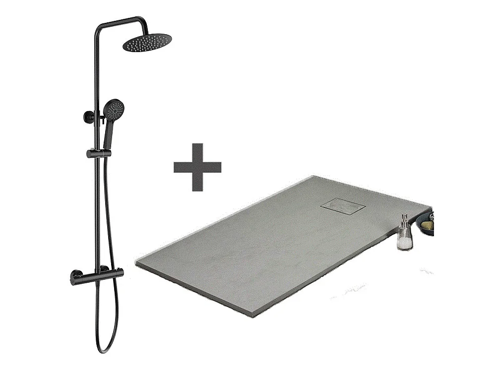 Pack Receveur de douche 80 x 120 cm extra plat gris + Colonne de douche thermostatique