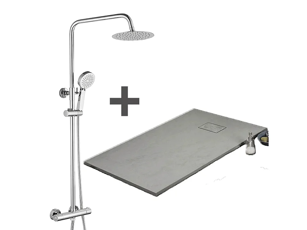 Kit Piatto doccia ultrasottile 90 x 140 cm grigio PIATTO + Colonna doccia termostatica Finitura cromata