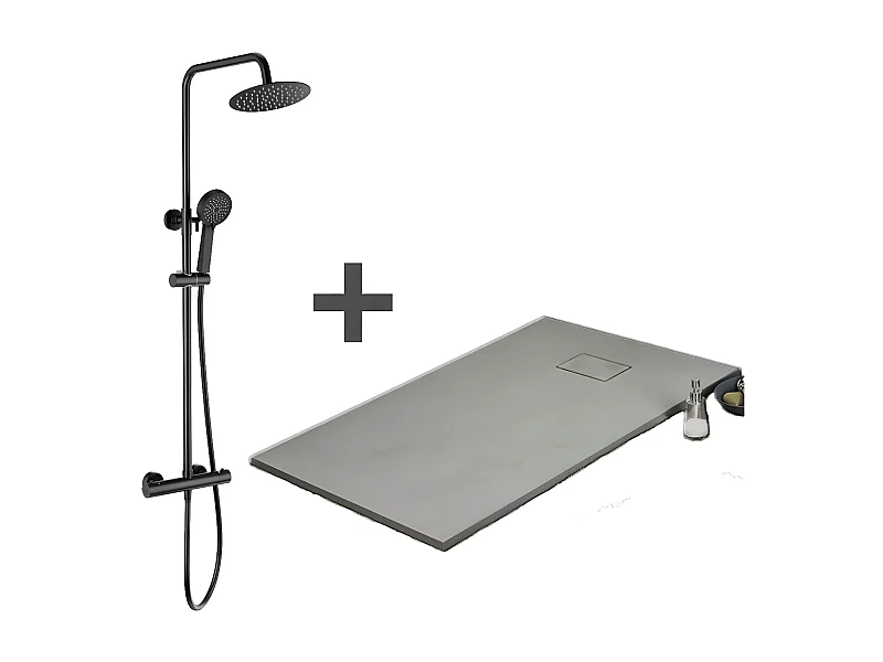 Pack Receveur de douche 90 x 130 cm extra plat gris + Colonne de douche thermostatique