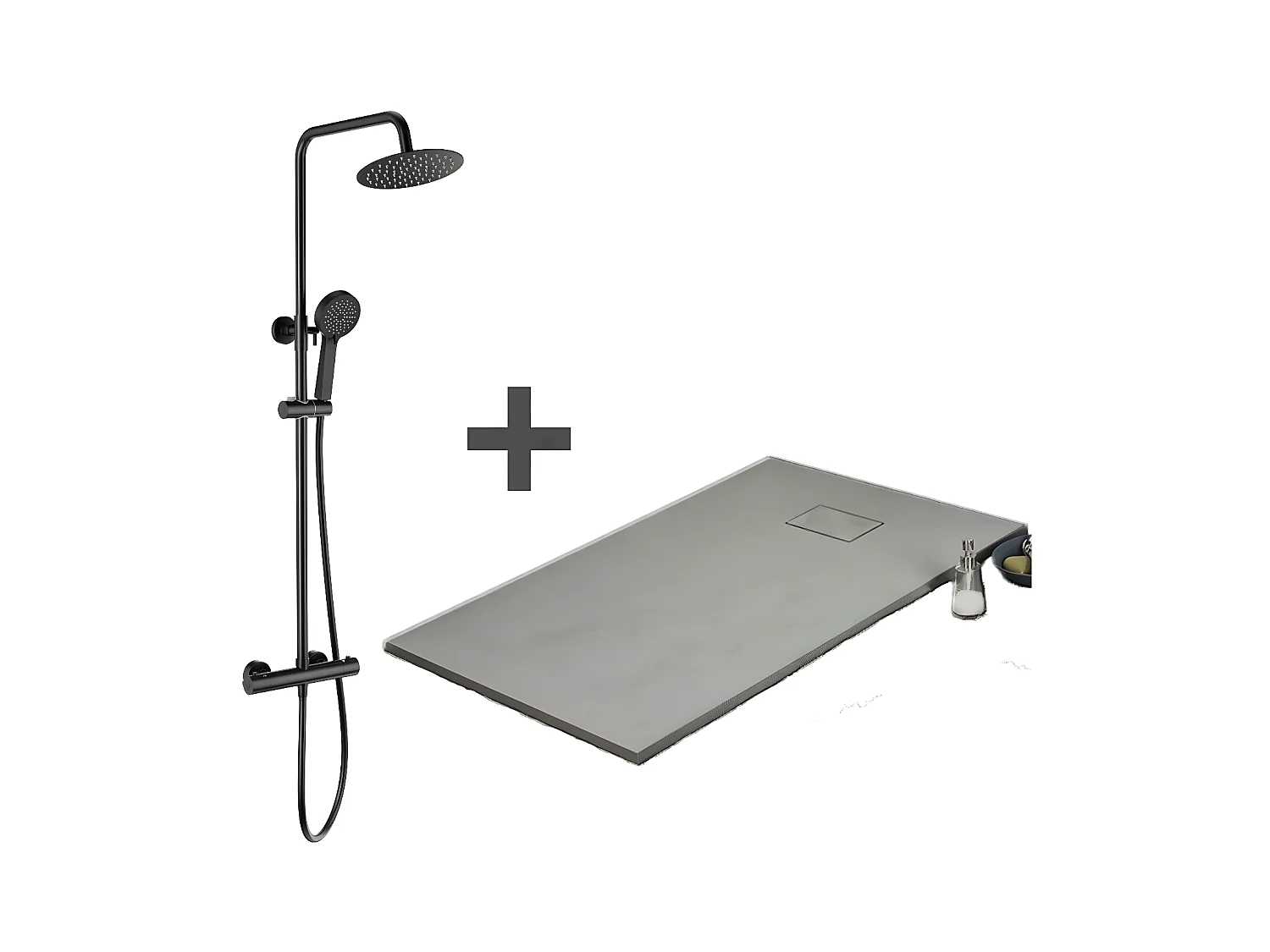 Kit Piatto doccia ultrasottile 90 x 130 cm PIATTO Grigio + Colonna doccia termostatica Finitura nera opaca