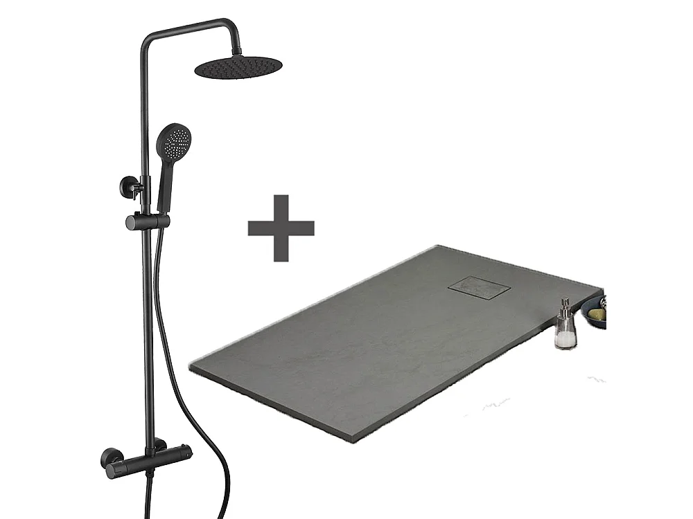 Pack Receveur de douche 90 x 140 cm extra plat gris + Colonne de douche thermostatique