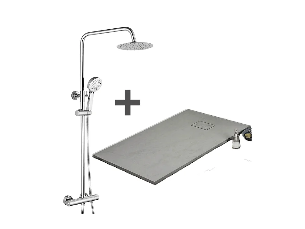 Kit Piatto doccia ultrasottile 90 x 180 cm PIATTO Grigio + Colonna doccia termostatica Finitura cromata