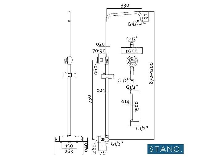 Kit Piatto doccia ultrasottile 90 x 160 cm PIATTO Grigio + Colonna doccia termostatica Finitura cromata