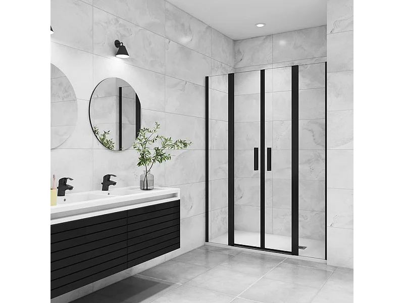 Porte de douche battante 145x200cm avec 2 éléments fixes Profilé noir mat, Porte de douche Hauteur 200cm en verre anticalcaire