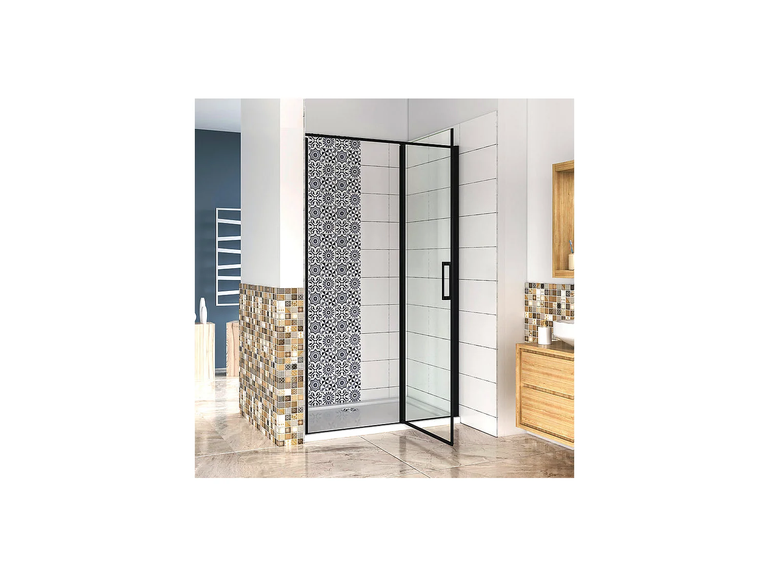 Porte de douche pivotante 140x185cm porte de douche noire en 6mm verre anticalcaire installation en niche