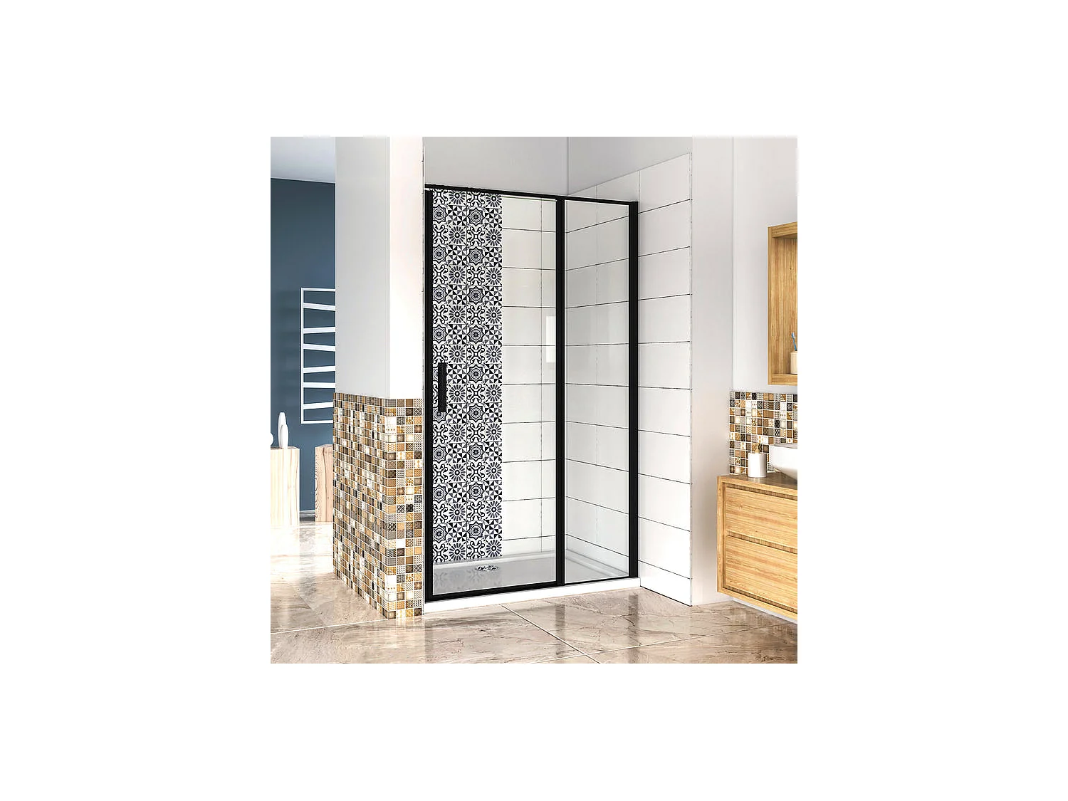 Porte de douche pivotante 100x185cm porte de douche noire en 6mm verre anticalcaire installation en niche