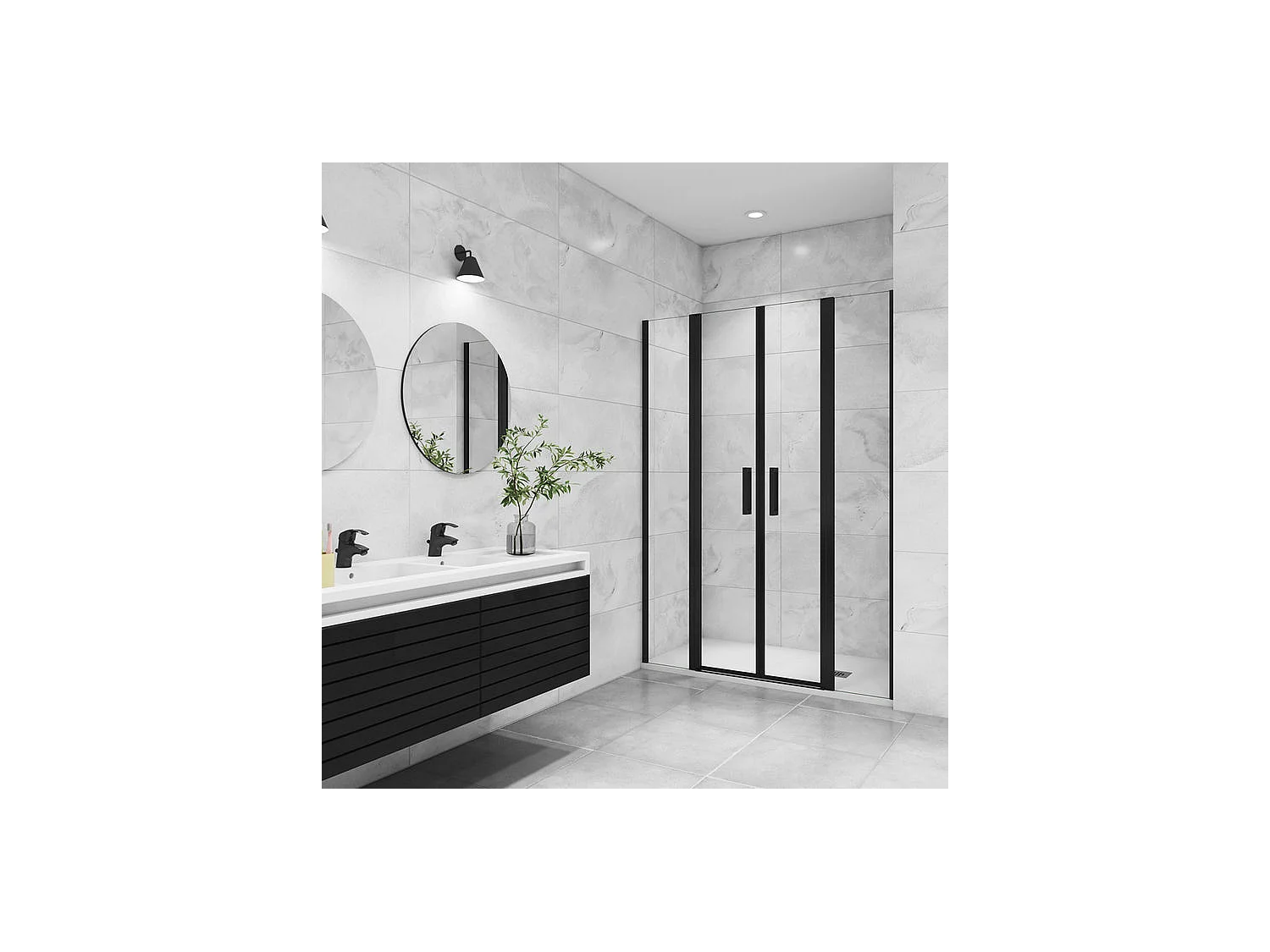 Porte de douche battante 135x200cm avec 2 éléments fixes Profilé noir mat, Porte de douche Hauteur 200cm en verre anticalcaire
