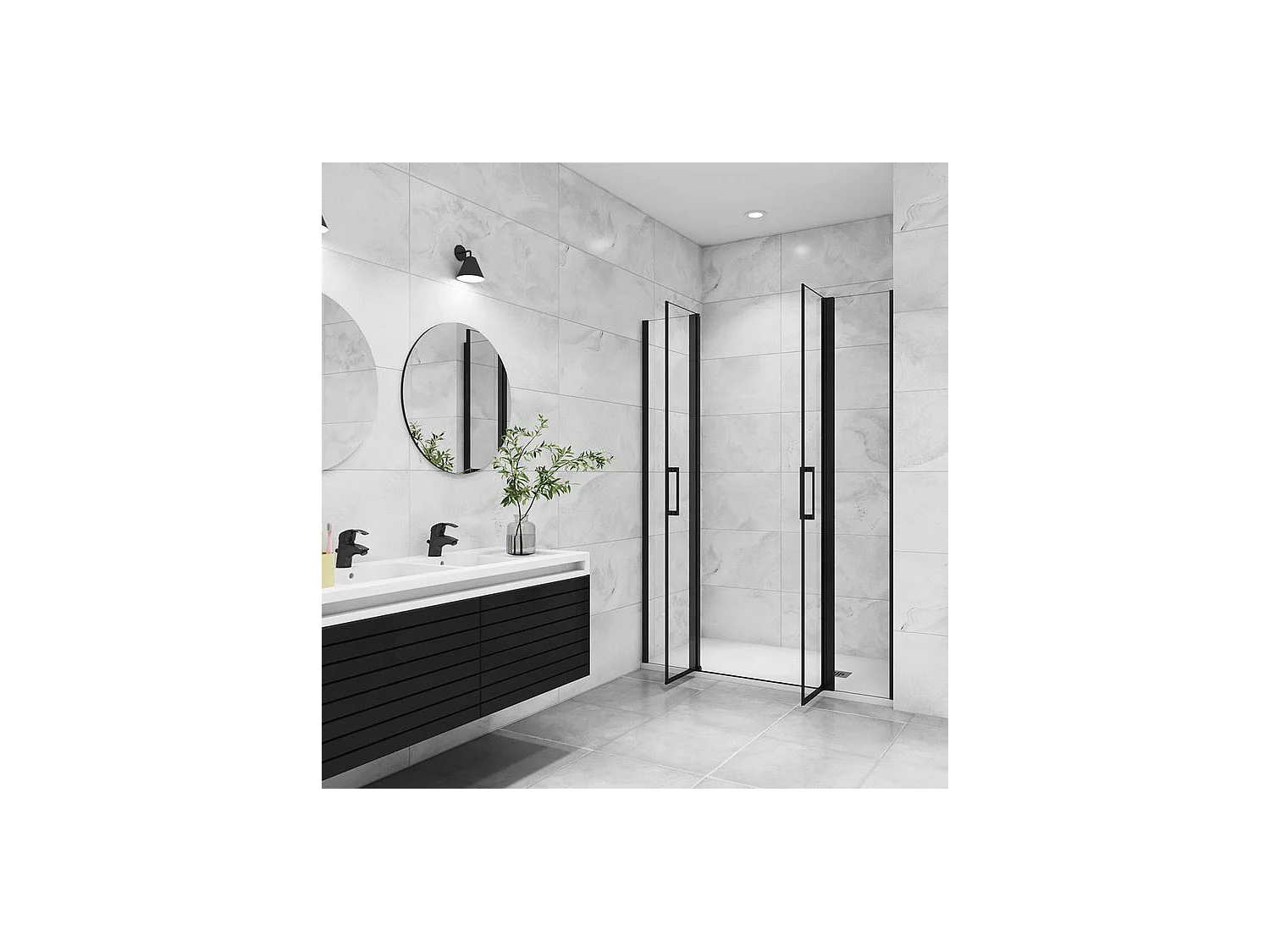 Porte de douche battante 135x200cm avec 2 éléments fixes Profilé noir mat, Porte de douche Hauteur 200cm en verre anticalcaire