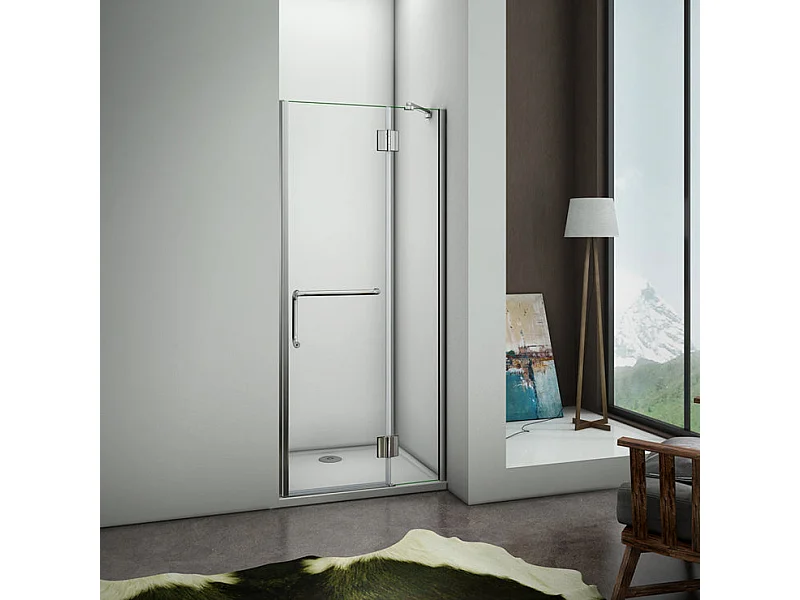 Porte de douche 100x190cm en 8mm verre anticalcaire, poignée en inox, porte de douche pivotante à charnière