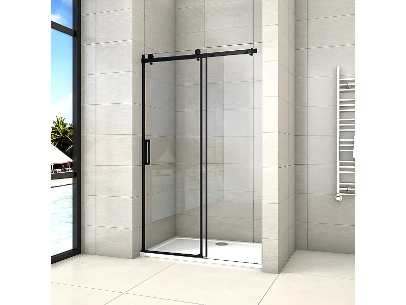 Porte de douche noire 140x200cm porte de douche coulissante en 8mm verre anticalcaire installation en niche