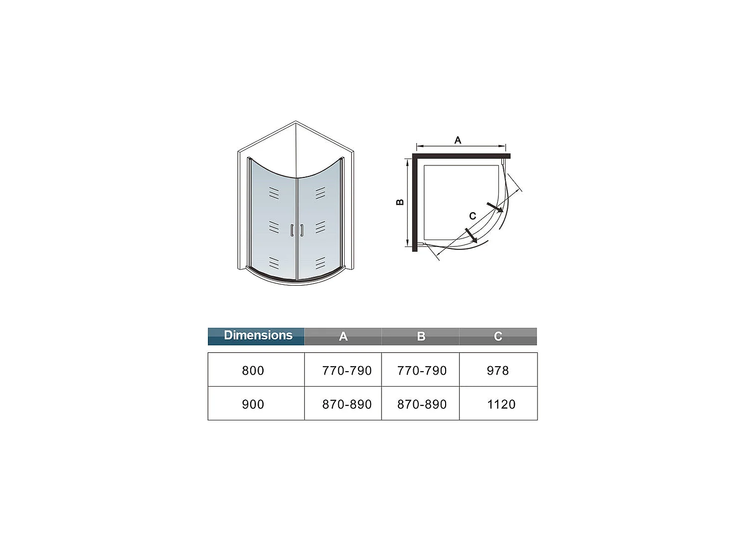 Cabine de douche battante 90x90x195cm 1/4 rond, porte de douche pivotante à 180°en verre 6mm securit anticalcaire
