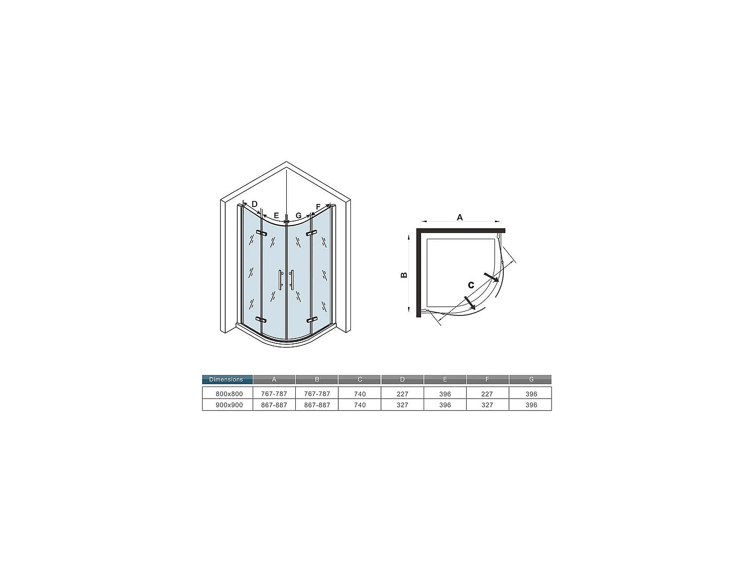 Cabine de douche battante 80x80x195cm 1/4 de cercle en verre anticalcaire, porte de douche pivotante à charnières