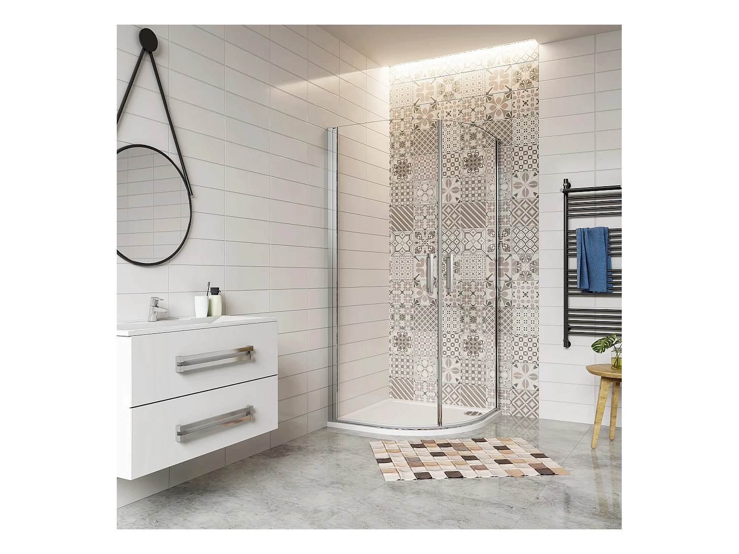 Cabine de douche battante 80x80x195cm avec receveur de douche blanc, cabine de douche 1/4 de cercle en verre anticalcaire