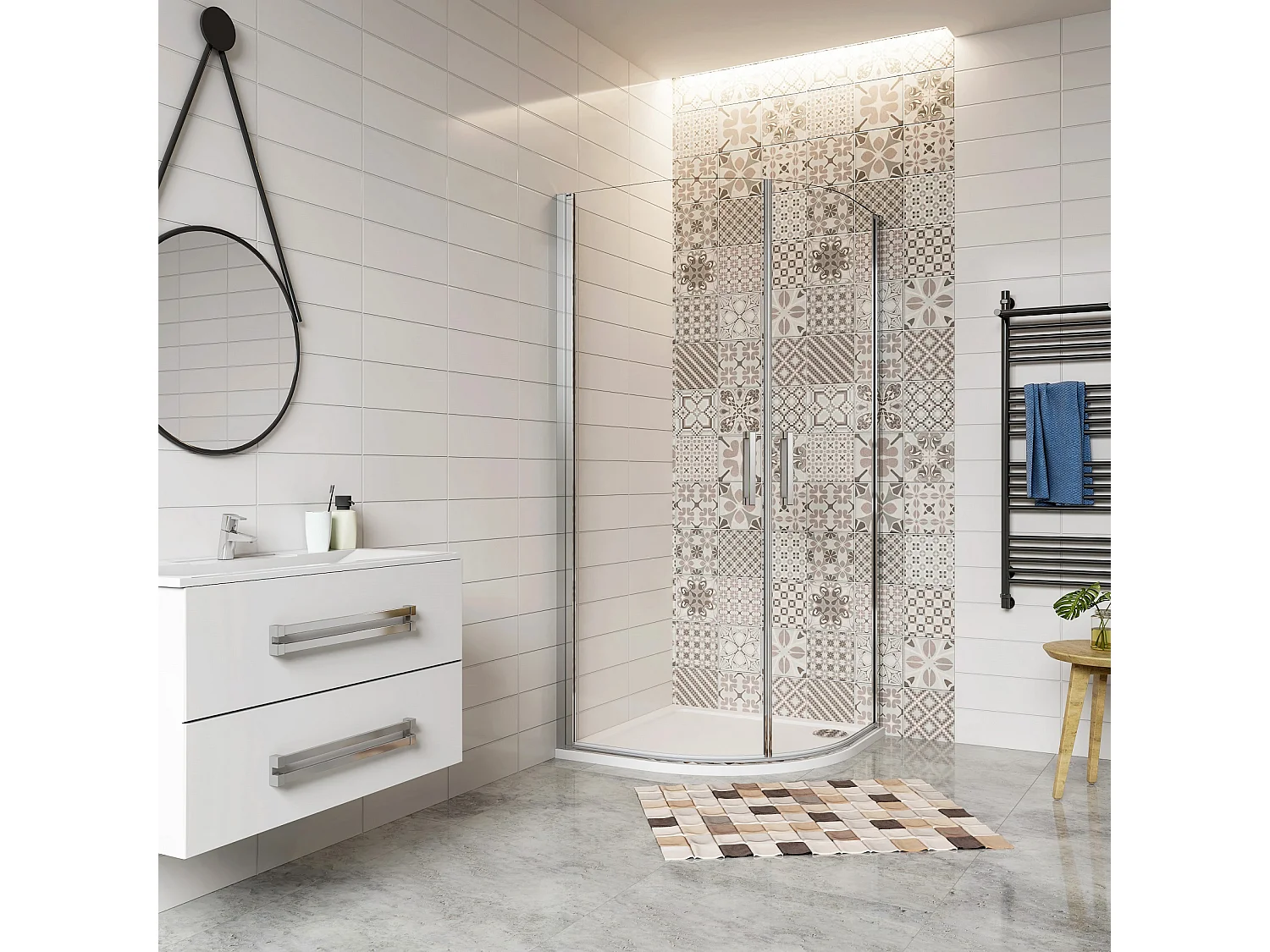 Cabine de douche battante 90x90x195cm avec receveur de douche blanc, cabine de douche 1/4 de cercle en verre anticalcaire