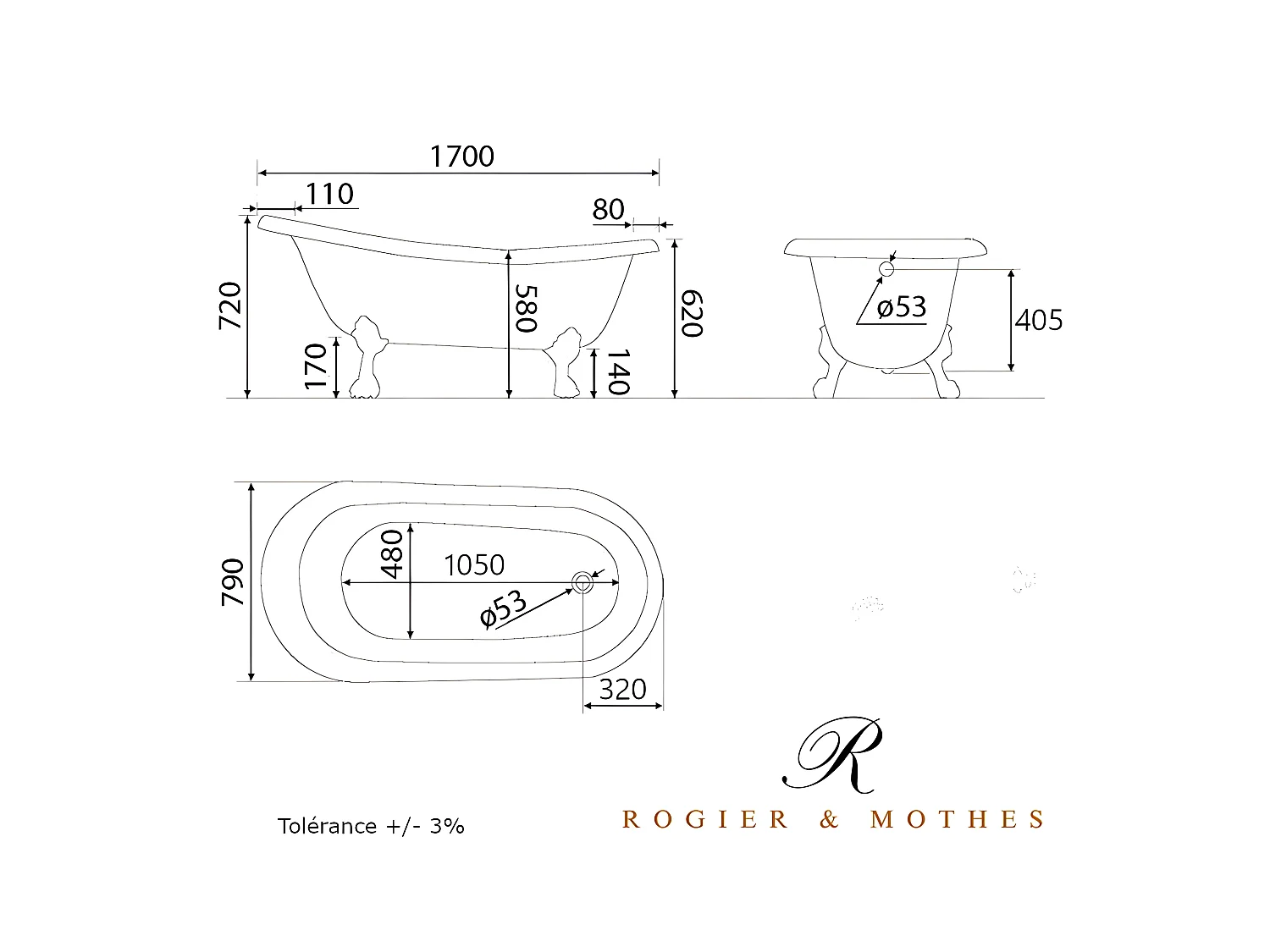 Baignoire sur pieds en fonte LIVINGSTON Noire 170 cm Pieds blancs