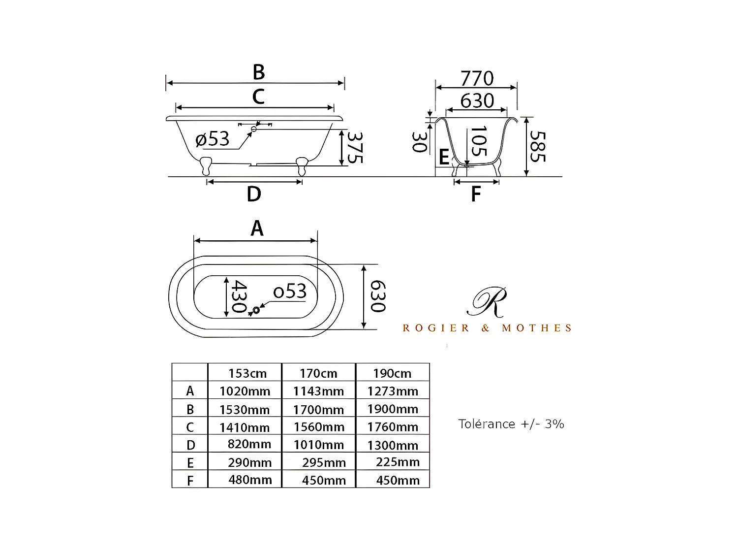 Baignoire sur pieds en fonte PLYMOUTH Blanche 153 cm Pieds blancs