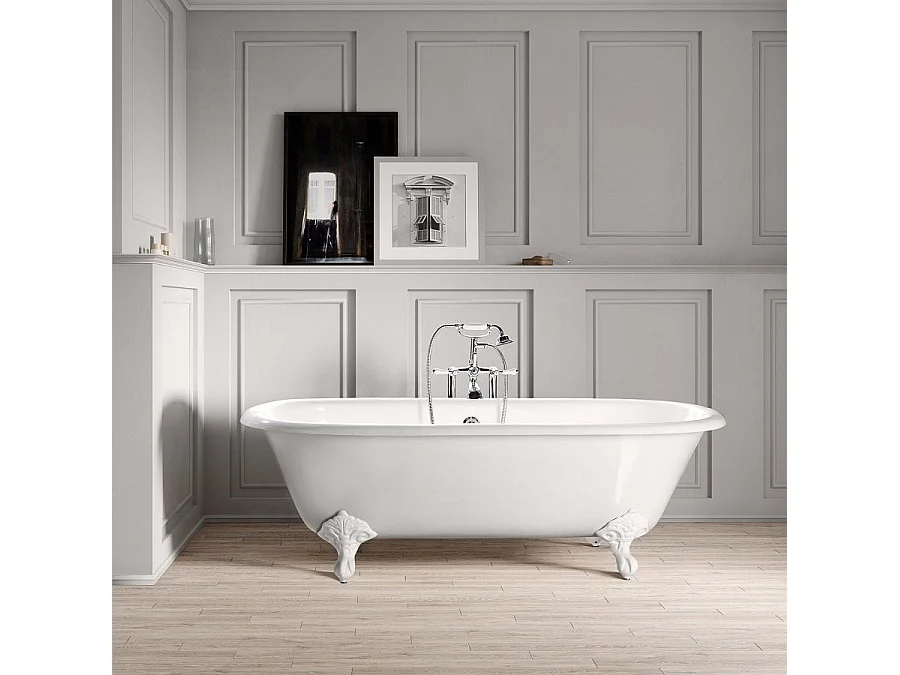 Baignoire sur pieds rétro en fonte PLYMOUTH Blanche 153 cm Pieds blancs
