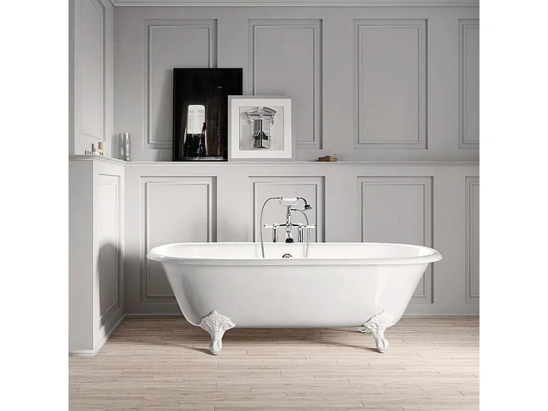 Baignoire sur pieds rétro en fonte PLYMOUTH Blanche 153 cm Pieds blancs