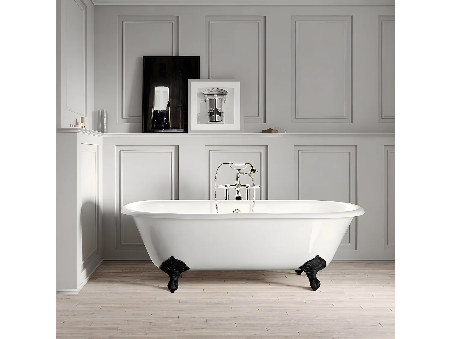 Baignoire sur pieds en fonte PLYMOUTH Blanche 153 cm Pieds noirs