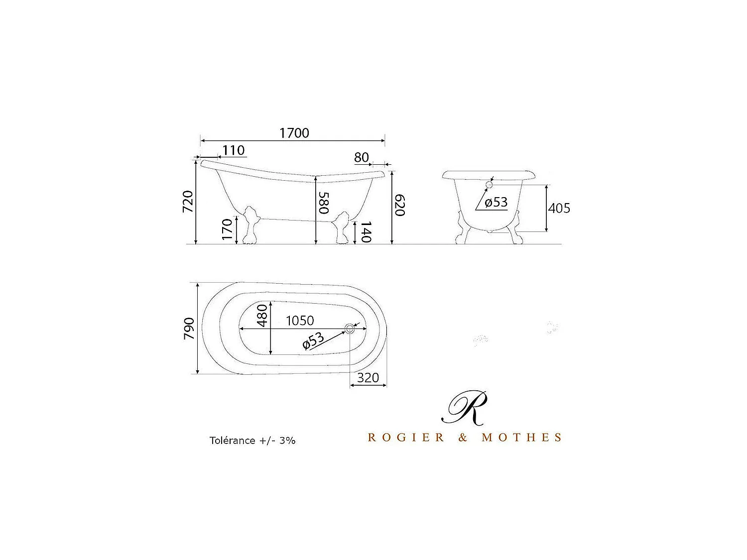 Freistehende Gusseisen Badewanne LIVINGSTON weiß Füße WEISS 170 cm